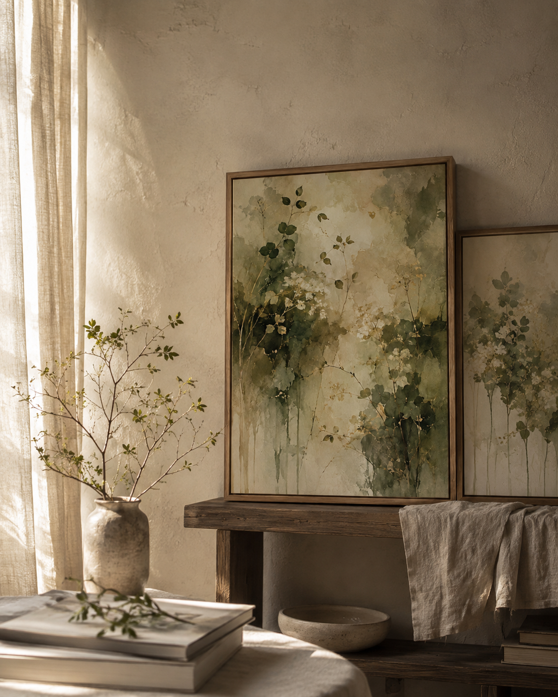 Fotografia de ambiente com arte botânica em estilo editorial